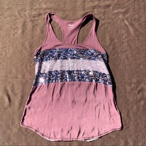 Express cotton and sequin tank top with lace detailing in size M.